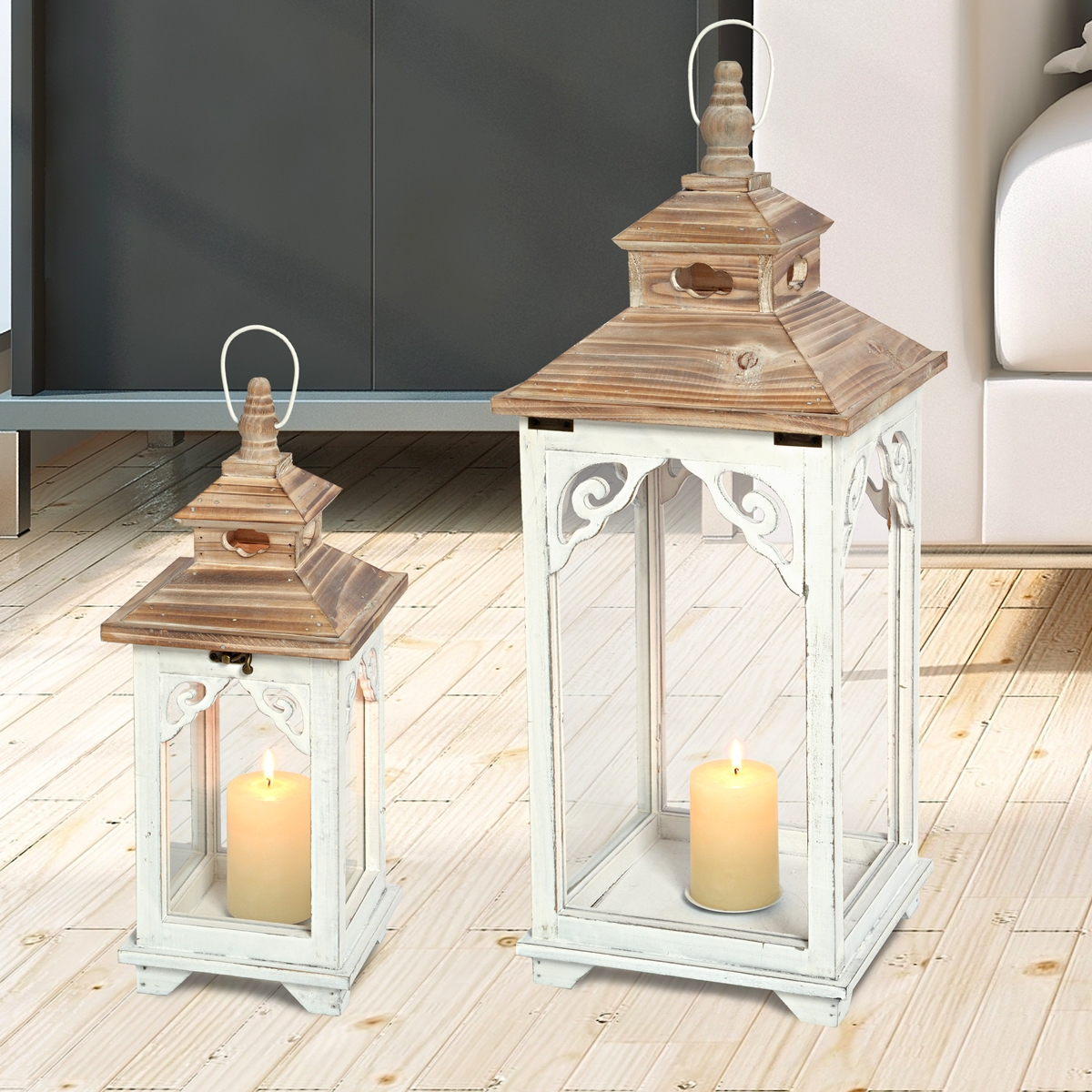 Set 2 lanterne in legno bianco shabby chic con portacandele Copenaghen Promozione Set 2 lanterne in legno bianco shabby chic con portacandele Copenaghen Promozione