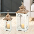 Set 2 lanterne in legno bianco shabby chic con portacandele Copenaghen Promozione