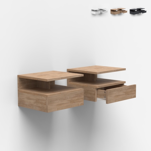 Set 2 comodini sospesi a parete con cassetto per camera da letto Alabastro Promozione