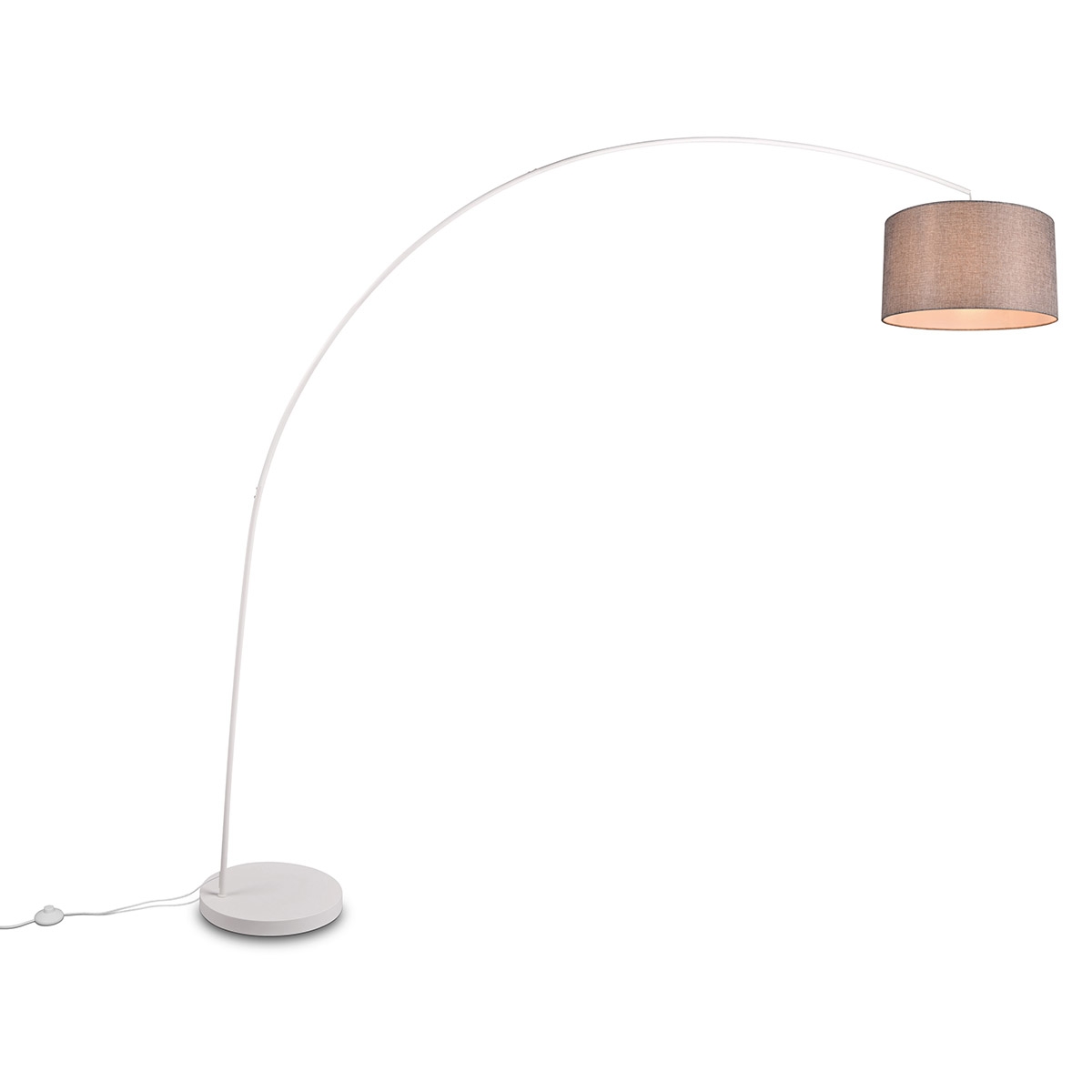Lampada da terra ad arco in metallo bianco con paralume tessuto grigio Drask Promozione Lampada da terra ad arco in metallo bianco con paralume tessuto grigio Drask Promozione