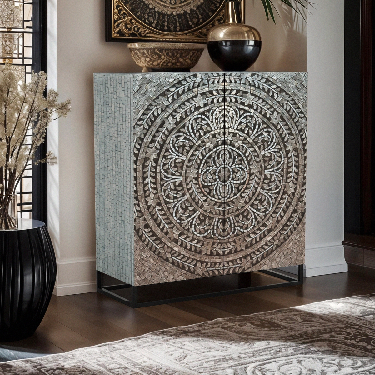 Credenza alta da soggiorno con 2 ante intarsiate in madreperla Nika Promozione