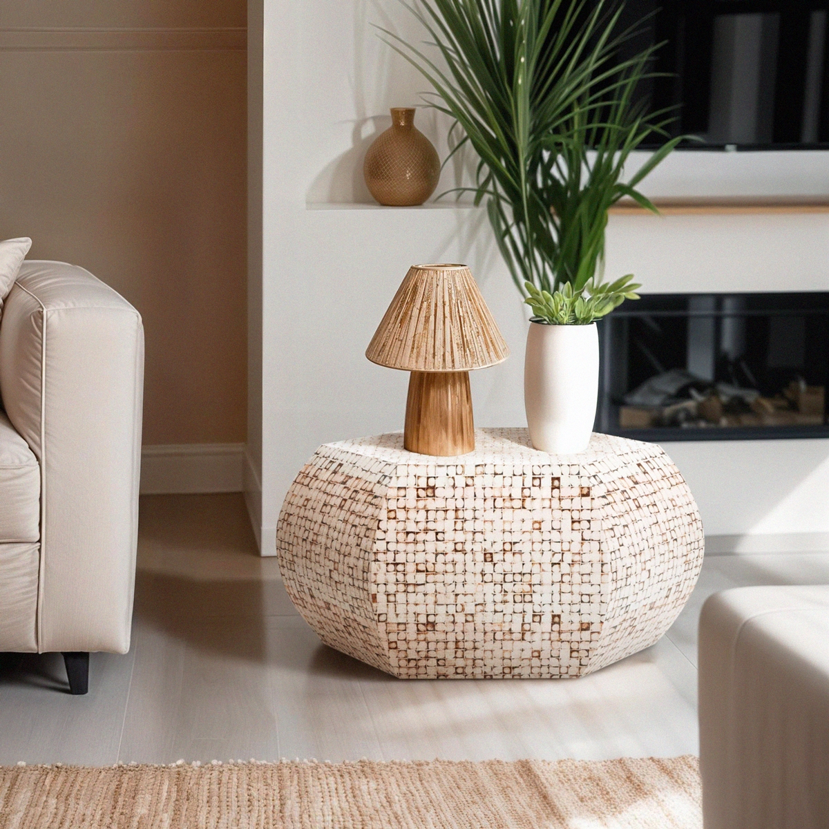 Tavolino in legno intarsiato da salotto stile contemporaneo bianco Zena