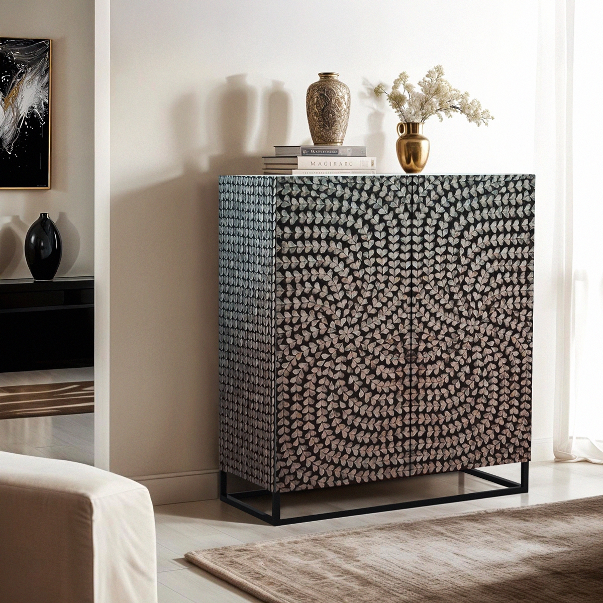 Madia da soggiorno credenza con 2 ante intarsiate in madreperla Evan Promozione