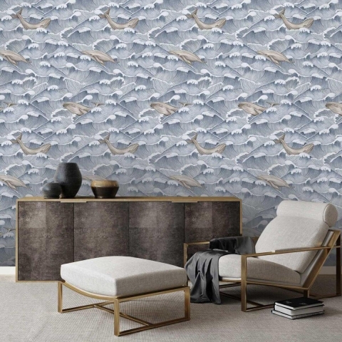 Carta da parati design mare per soggiorno camera da letto Onde e Balene Promozione