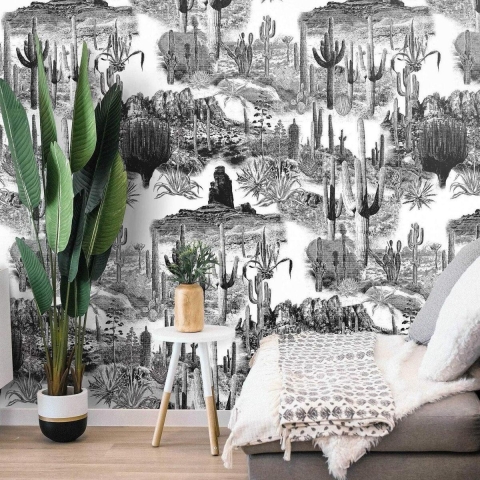 Carta da parati adesiva moderna bianco nero per soggiorno Cactus Promozione