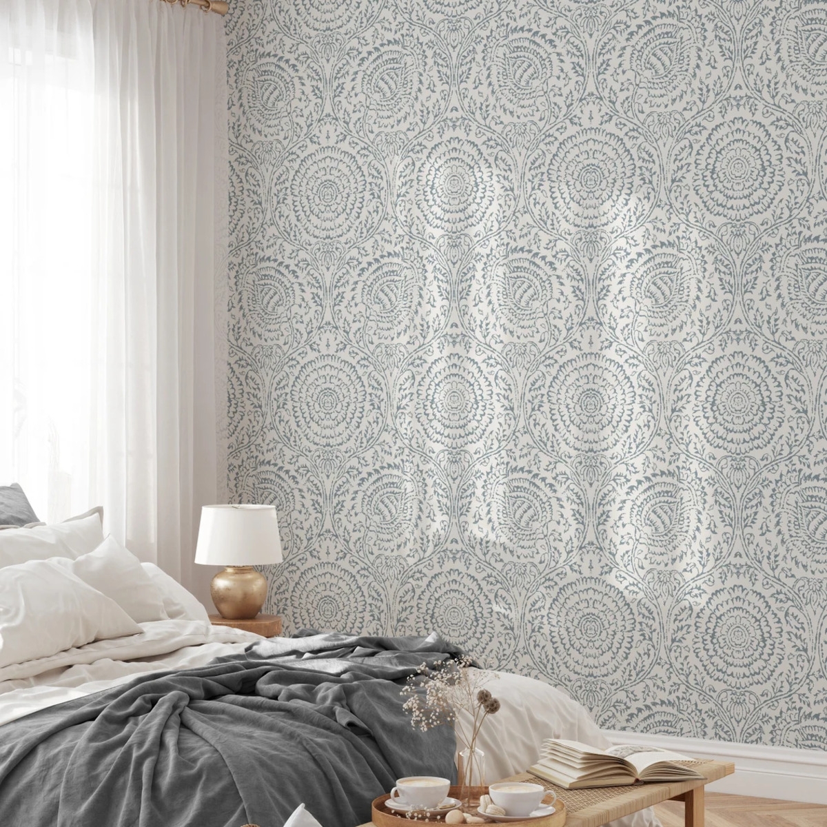 Carta da parati damascata bianca e blu per salotto camera da letto Chic Promozione Carta da parati damascata bianca e blu per salotto camera da letto Chic Promozione