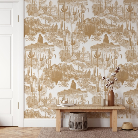 Carta da parati adesiva floreale beige per soggiorno Cactus nel Deserto Promozione