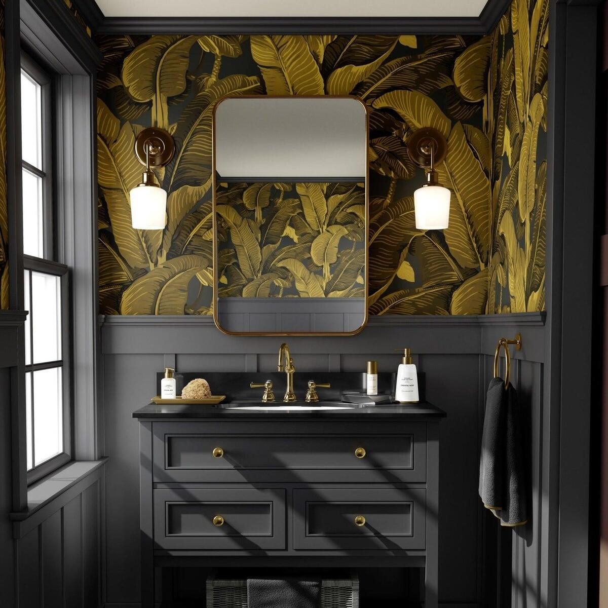 Carta da parati florale oro per bagno camera da letto Foglie di Banano Promozione