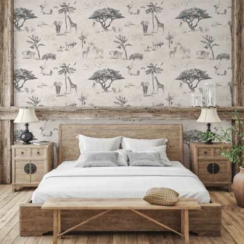 Carta da parati vintage animali giungla beige per testata letto Safari Promozione