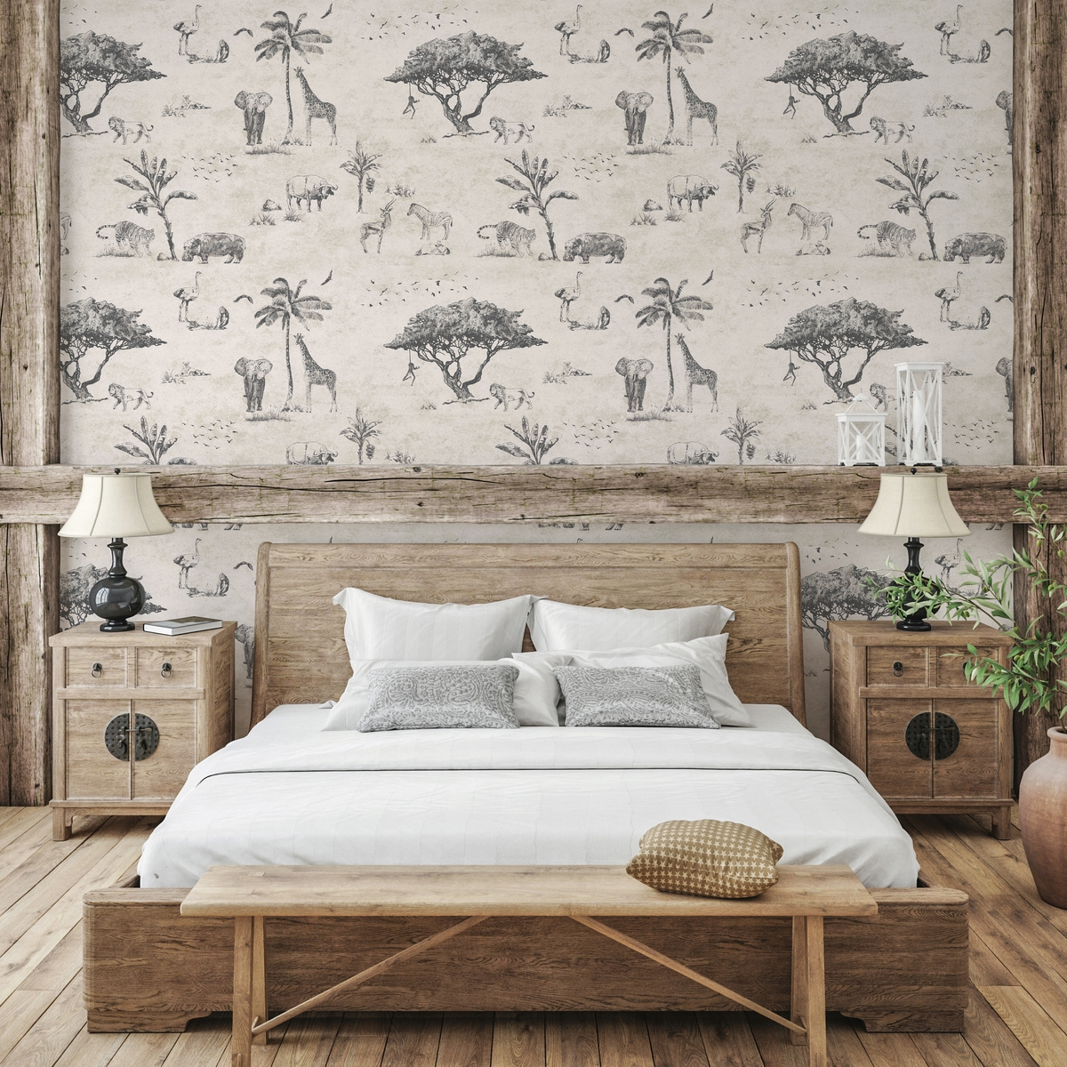Carta da parati vintage animali giungla beige per testata letto Safari Promozione Carta da parati vintage animali giungla beige per testata letto Safari Promozione