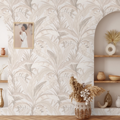 Carta da parati floreale elegante per soggiorno Bosco Tropicale Beige Promozione