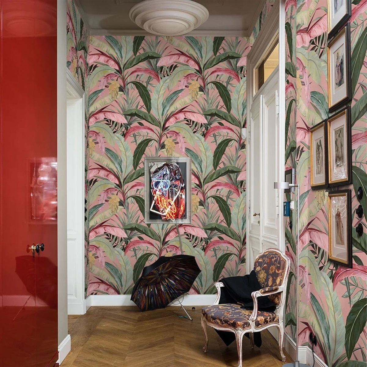 Carta da parati raffinata florale stile jungle Bosco Tropicale Rosa Promozione