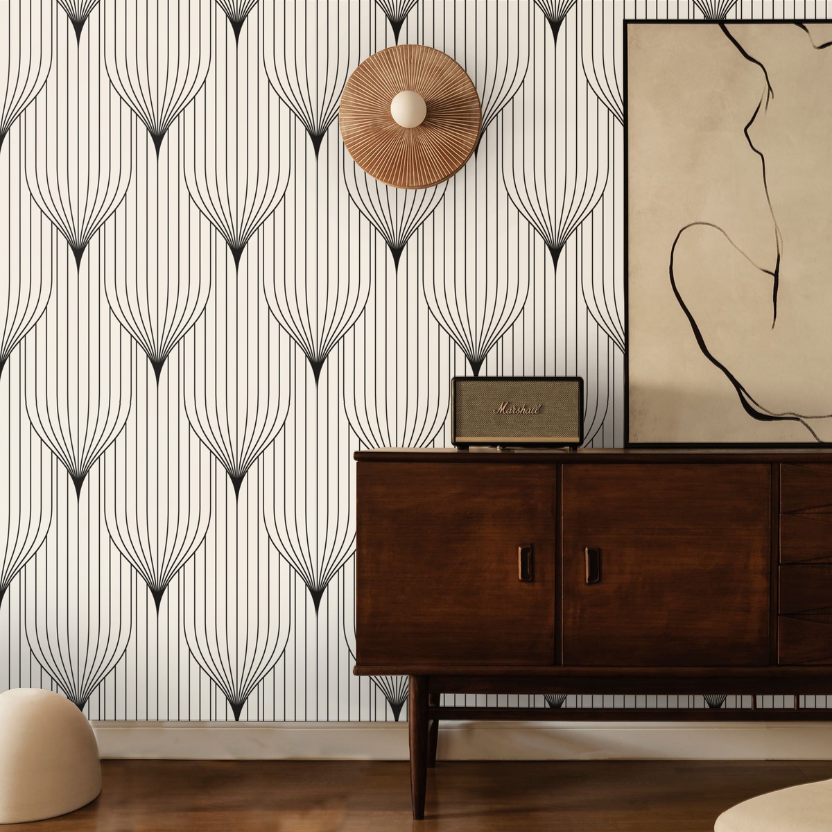 Carta da parati geometrica design vintage bianca e nera Art Déco Promozione Carta da parati geometrica design vintage bianca e nera Art Déco Promozione