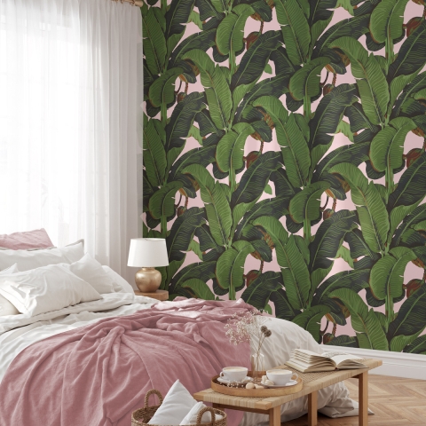 Carta da parati floreale jungle per soggiorno Foglie di Banano Rosa Promozione