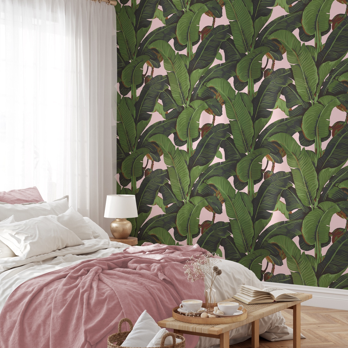Carta da parati floreale jungle per soggiorno Foglie di Banano Rosa Promozione Carta da parati floreale jungle per soggiorno Foglie di Banano Rosa Promozione
