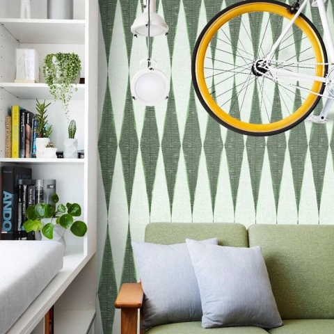 Carta da parati verde design geometrico vintage per soggiorno Chevron Promozione