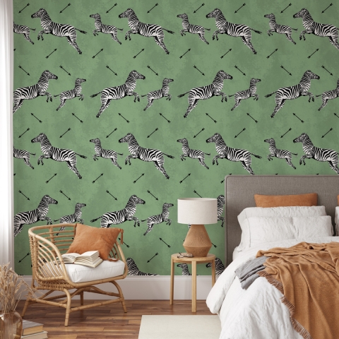 Carta da parati verde adesiva per camera da letto con animali Zebra Promozione