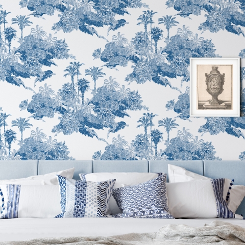 Carta da parati vintage con foresta bianco e azzurro Toile de Jouy Blu Promozione