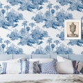 Carta da parati vintage con foresta bianco e azzurro Toile de Jouy Blu Promozione