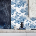 Carta da parati vintage con foresta bianco e azzurro Toile de Jouy Blu Vendita