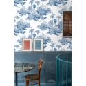 Carta da parati vintage con foresta bianco e azzurro Toile de Jouy Blu Sconti