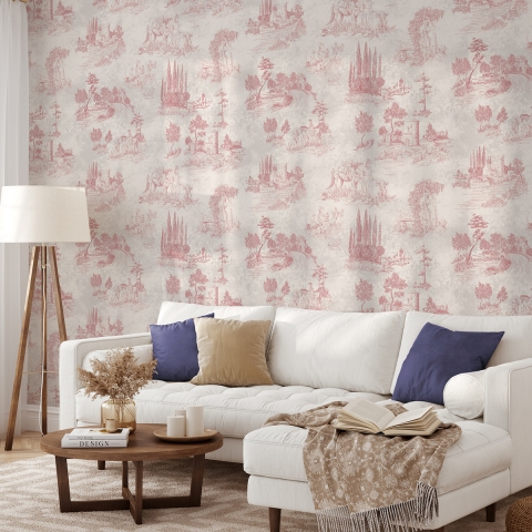 Carta da parati vintage con paesaggi rosa per soggiorno Toile de Jouy Rosa Promozione