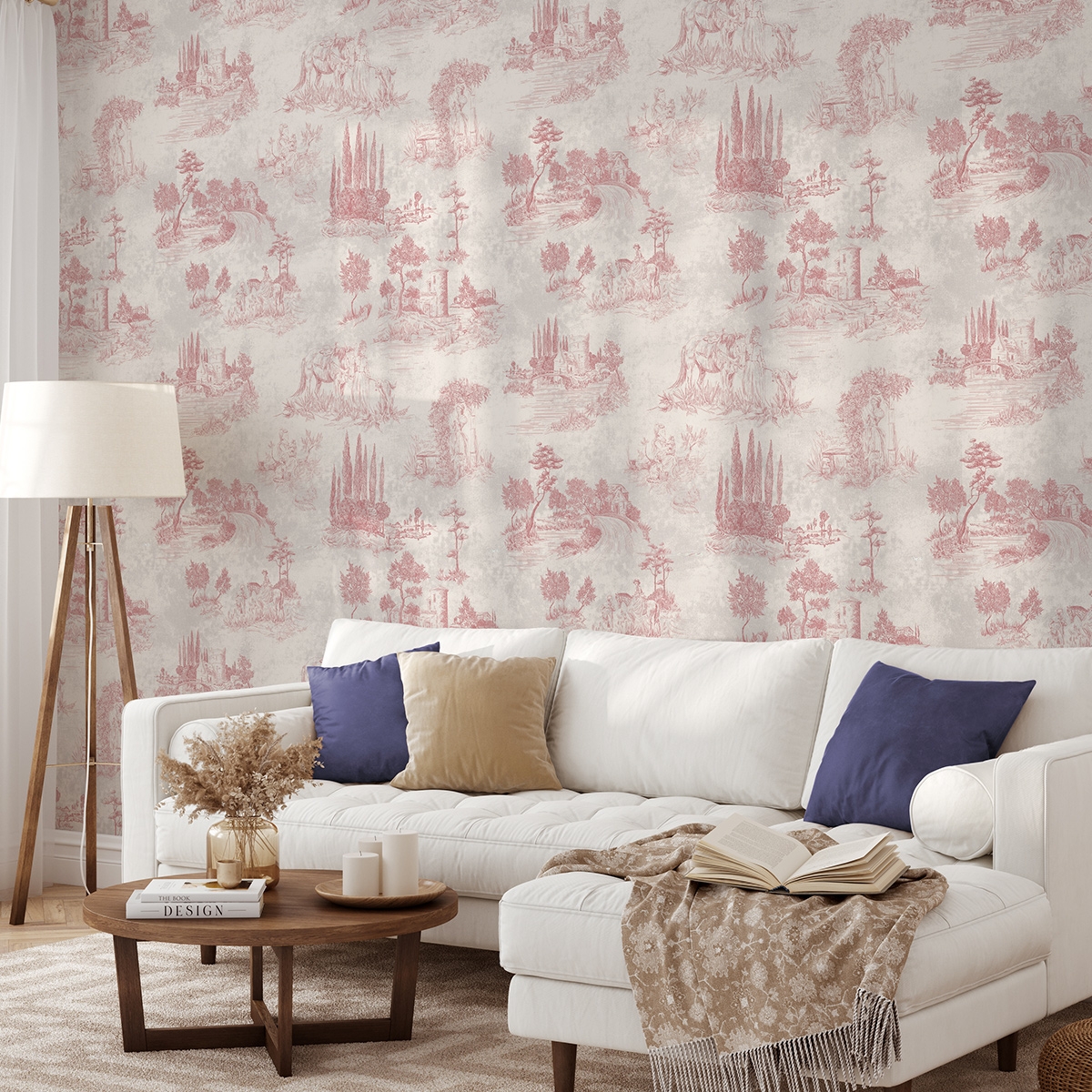Carta da parati vintage con paesaggi rosa per soggiorno Toile de Jouy Rosa Promozione