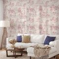 Carta da parati vintage con paesaggi rosa per soggiorno Toile de Jouy Rosa Promozione