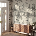 Carta da parati foresta vintage bianco e nero Toile de Jouy Ufo Nero Vendita