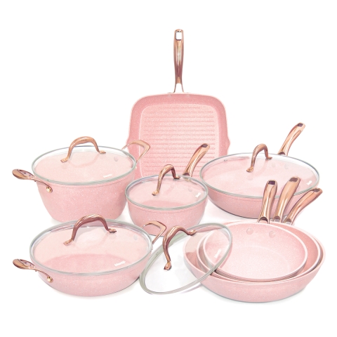 Batteria pentole 13 pezzi effetto granito rosa manico acciaio Stonerose Promozione