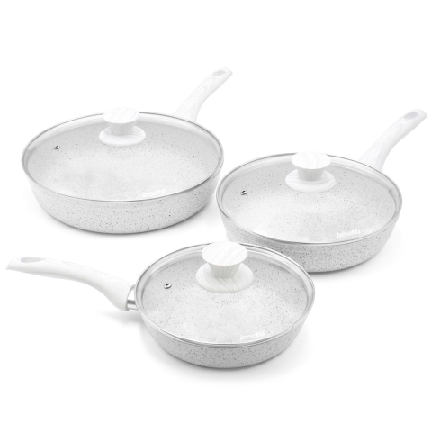 Set 3 padelle in alluminio antiaderente con coperchi Bisetti Stonewhite Promozione
