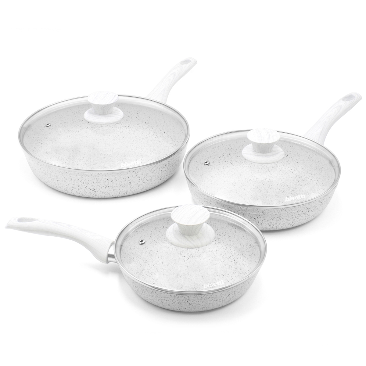 Set 3 padelle in alluminio antiaderente con coperchi Bisetti Stonewhite Promozione