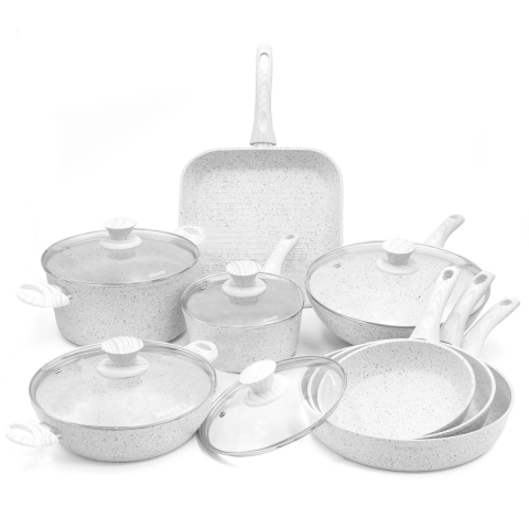 Batteria 13 pezzi padelle pentole bistecchiera antiaderenti Stonewhite Promozione