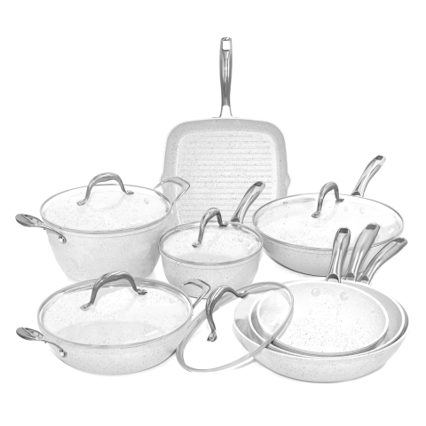 Batteria 13 pezzi padelle pentola bistecchiera antiaderenti Stonewhite Promozione