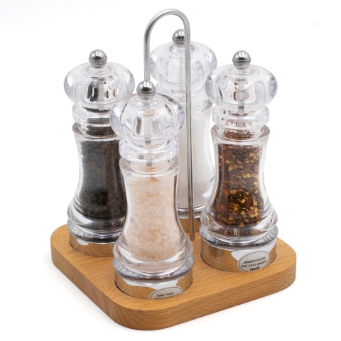 Set macina pepe e sale spezie 4 pezzi con base in legno faggio Bisetti Promozione