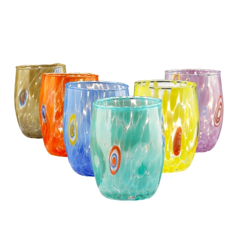 Set 6 bicchieri acqua forma arrotondata 10cm in vetro colorato Bombetta Promozione
