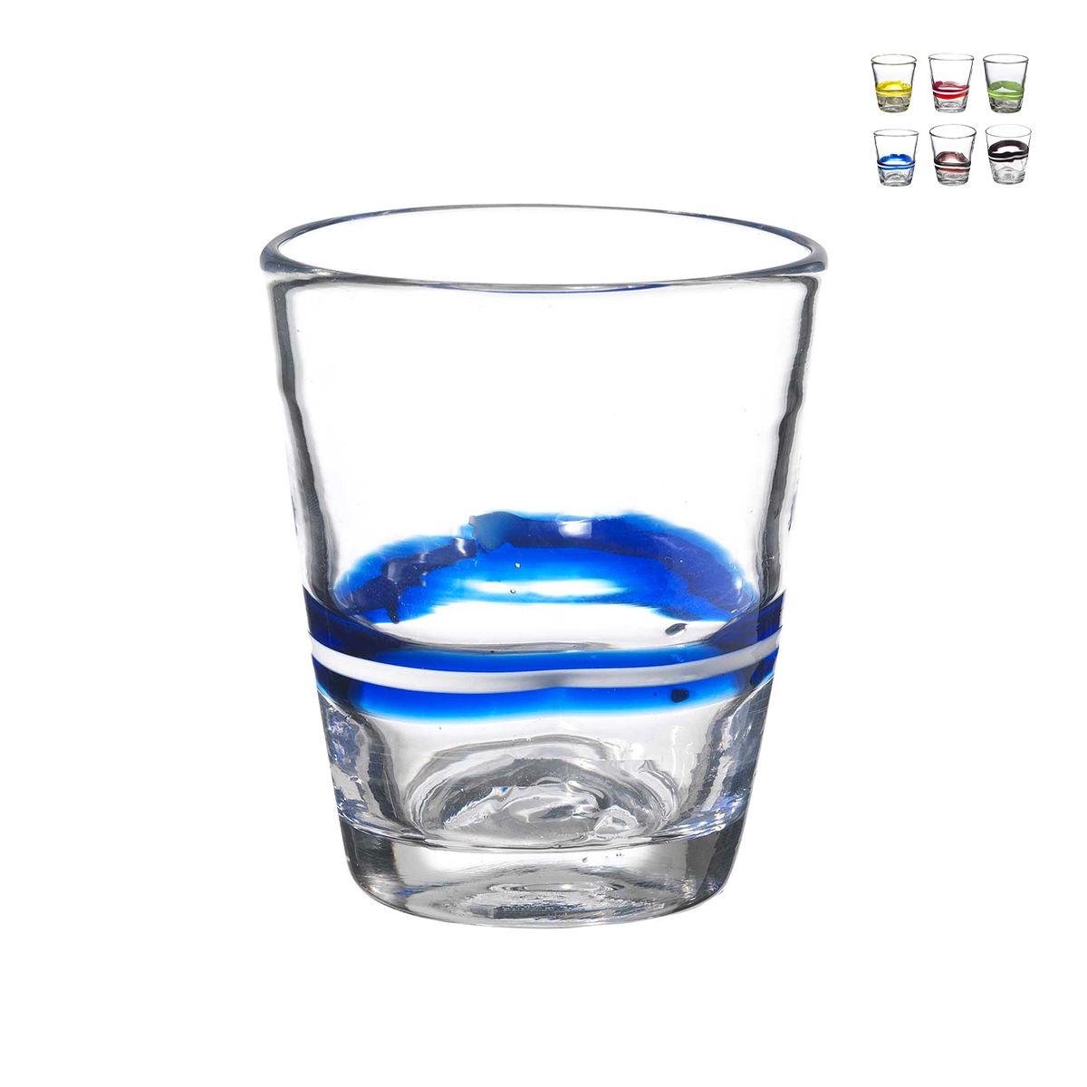 Set 6 bicchieri acqua in vetro con righe colorate 10cm Eolo Promozione Set 6 bicchieri acqua in vetro con righe colorate 10cm Eolo Promozione