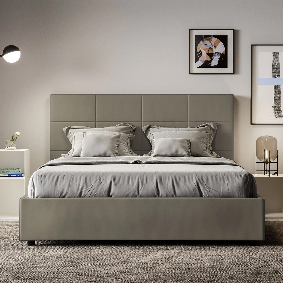 Letto matrimoniale con contenitore 160x190 in similpelle beige Mika