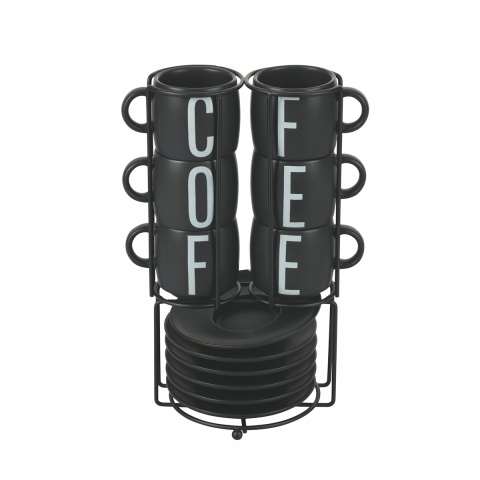 Set 6 tazzine da caffè con piattino in gres e stand in acciaio Bigismore Promozione