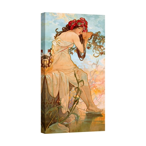Stampa su tela canvas donna con decori floreali Estate Alphonse Mucha Promozione