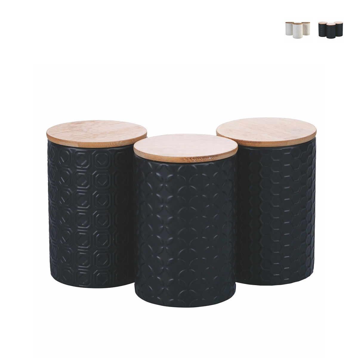 Set 3 barattoli da cucina in ceramica coperchio Shade of Shape Geometrie Stock Set 3 barattoli da cucina in ceramica coperchio Shade of Shape Geometrie Stock
