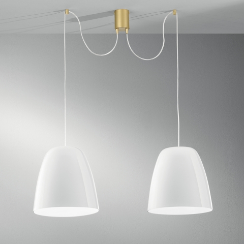 Lampadario a sospensione due luci metallo dorato vetro bianco Ares LS Promozione