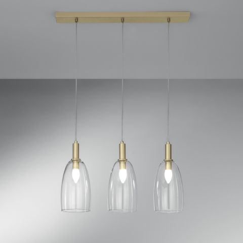 Lampadario a sospensione dorato tre luci diffusori in vetro Brandy 3LS Promozione