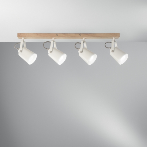 Lampada da soffitto legno metallo binario quattro luci orientabili Eda LS4 Promozione