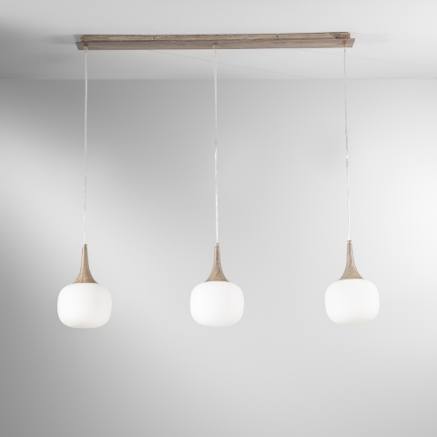 Lampadario a sospensione effetto legno 3 luci vetro bianco opale Jaipur Promozione