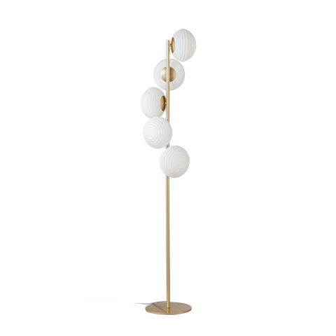 Piantana in metallo dorato con 5 luci in vetro bianco soffiato Ripple Promozione