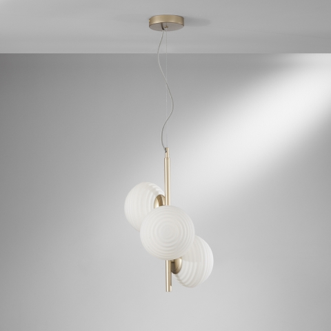 Lampadario in metallo dorato 3 luci in vetro bianco per soggiorno Ripple Promozione