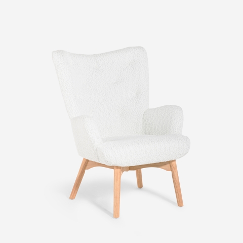 Poltrona moderna stile bergere in tessuto bouclé bianco Wani Promozione