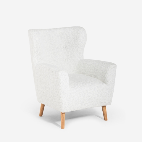 Poltrona bergere moderna da salotto in tessuto bouclé bianco Kamo Promozione