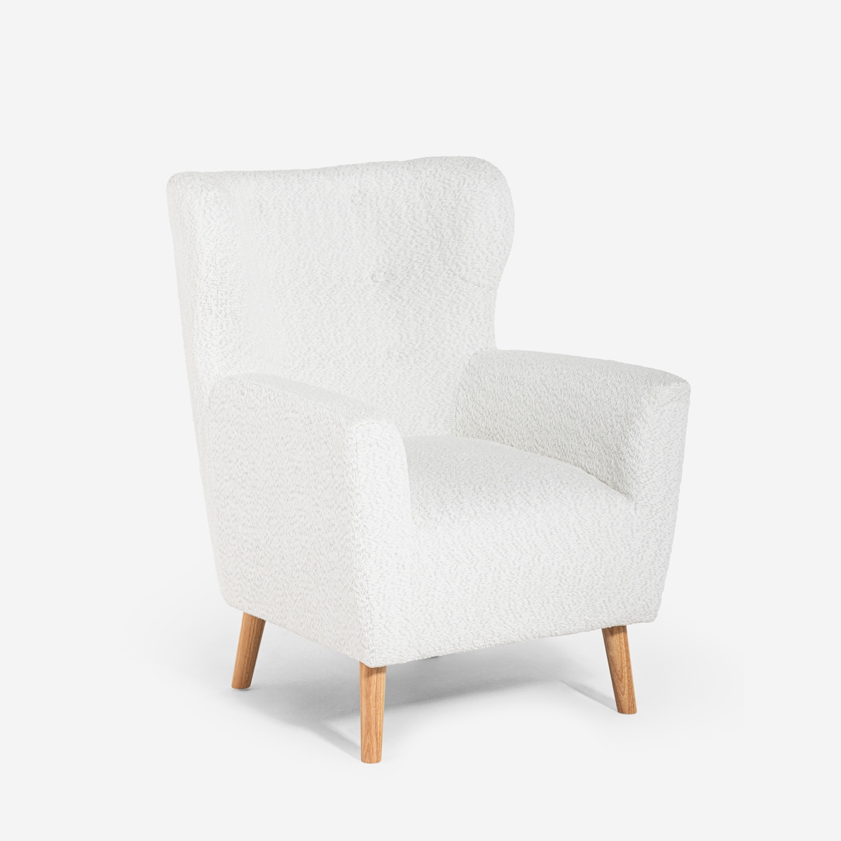 Poltrona bergere moderna da salotto in tessuto bouclé bianco Kamo
